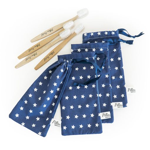 4 kits higiene (escova de bambu + saco tecido)